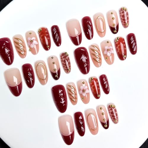 Medium Almond Press On Nails - Fall Burgundy with Gold Beads | 30 Pcs