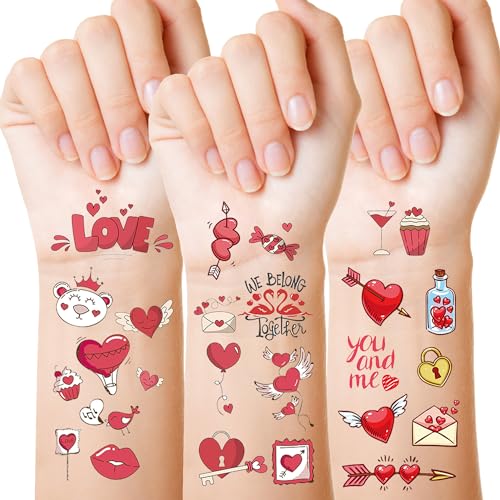 Valentine's Day Temporary Tattoos for Kids - 10 Sheets with 80 Designs