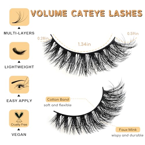 APCYUST Cat Eye Mink Lashes - 14 Pairs Wispy Volume