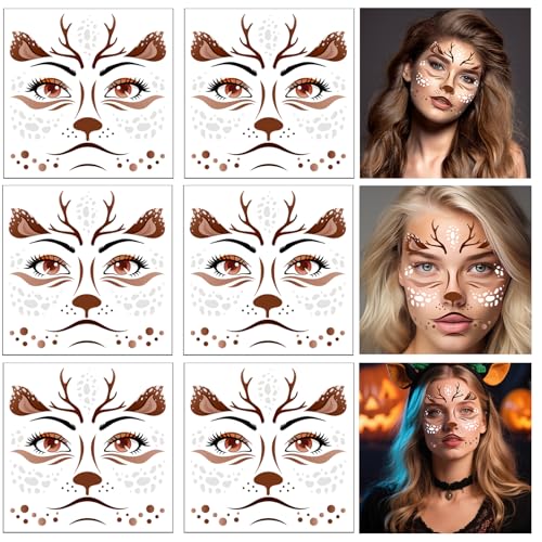 HOWAF 6 Sheets Halloween Deer Face Temporary Tattoos