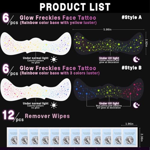 Rainbow Freckles Temporary Tattoo Stickers - UV Glow (12pc)