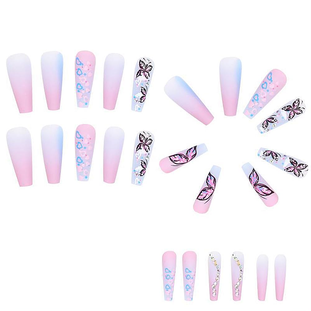 Long Press on Nails Heart-Shaped Ombre Long Fake Nails Coffin Press on Nails Square False Nails with Butterfly&Rhinestones Design Acrylic Nails Press on Artificial Nails Stick on Nails For Women-24Pcs