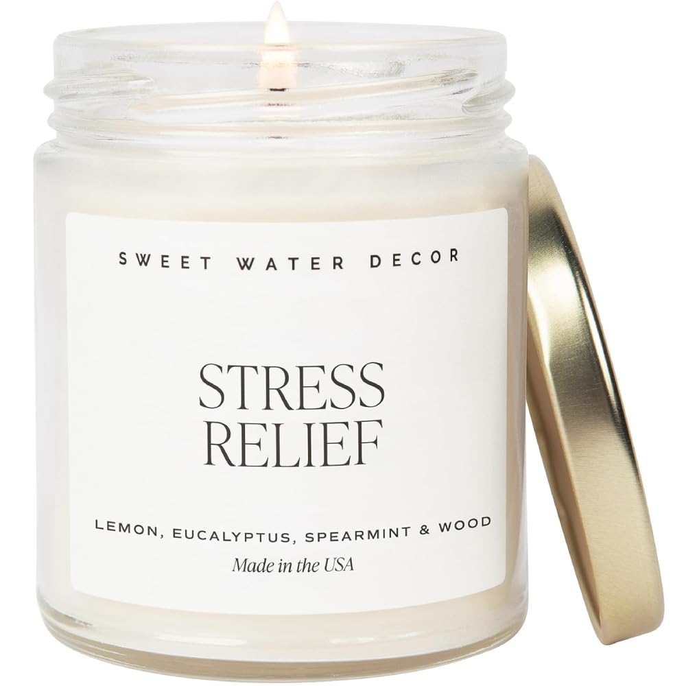 Sweet Water Decor Relief Soy Candle | Lemon, Orange, Eucalyptus and Soft Woods Scented Candles for Home | 9oz Clear Jar + Gold Lid, 40+ Hour Burn Time, Made in the USA