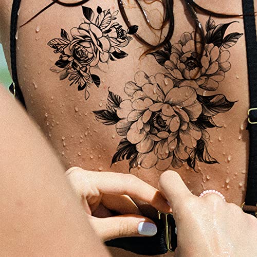 Black Flower Butterfly Temporary Tattoos for Women Girls, 10Sheets Large Waterproof Arm Adults Fake, Realistic That Look Real Last Long Tattoo Stickers Party Favors Supplies Gifts