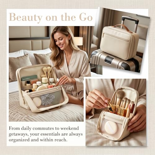 Wnnideo Standing Makeup Bag - Large Capacity Linen Cosmetic Organizer