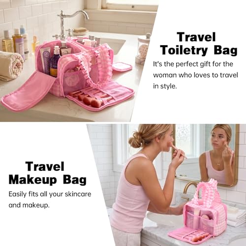 Travel Toiletry Bag for Women - Water-Resistant Gingham Makeup Organizer