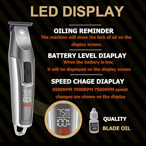 KEMEI Hair Trimmer for Men, Professional Hair Clippers Cordless Zero Gapped Trimmer with LCD Display Trimmers for Barbers with T Blade Beard Trimmers 3 Adjustable Speeds KM-1919 Silver