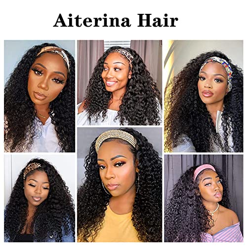 Aiterina Headband Wig Deep Wave 12 Inch Human Hair Headband Wig Curly hair Glueless Human Hair Wigs Machine Made No Lace deep Curly Headband Wig Natural color