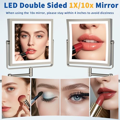 Ruacq Rechargeable Wall Mounted Makeup Mirror with Lights, Double Sided 1X/10X Magnifying Vanity Mirror with 3 Color Light, Touch Screen Dimmable, 360¡Æ Rotation Extension Foldable Arm(Brushed Nickel)
