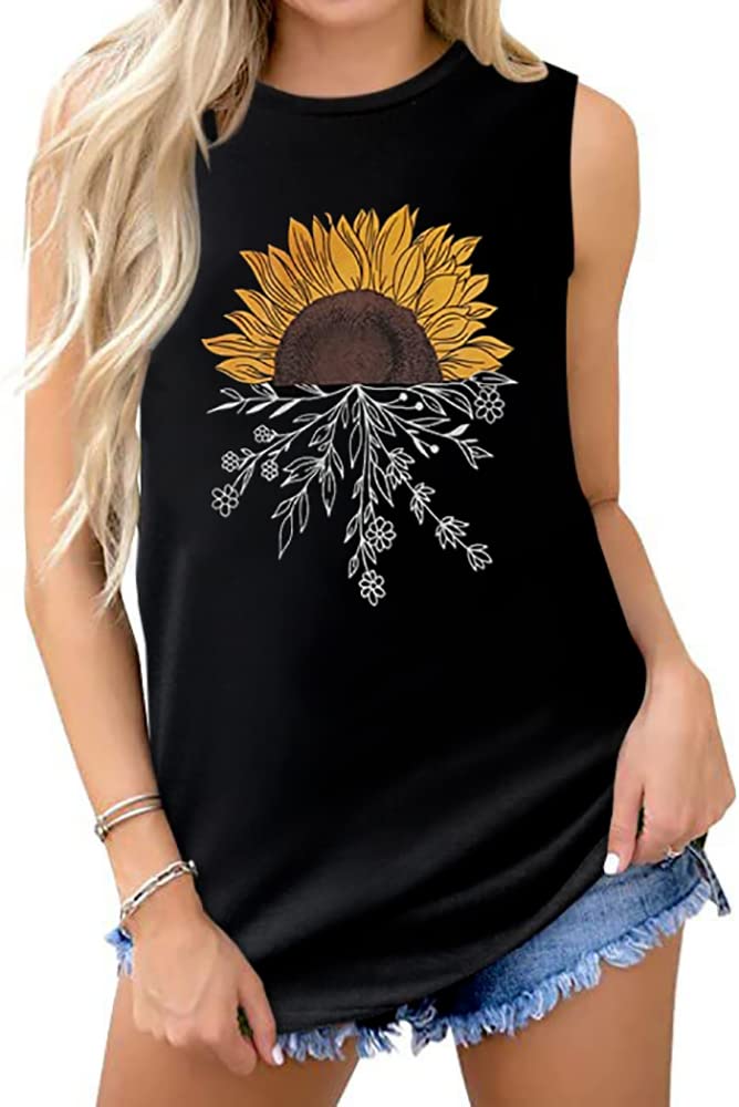 Women Tank Tops Sun Flowers Summer Sleeveless T Shirts Casual Loose Blouses(Black Floral, M)