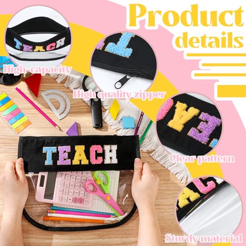 Talltalk 12 Pcs Teacher Tote Bags Bulk, Black Appreciation Gifts Chenille Letters Totes Bags with Makeup Pouch Set for Easter Graduation Party Teacher Gifts