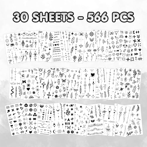 566 Black Tiny Temporary Tattoos – 30 Sheets Henna Style