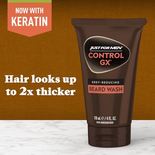 Just for Men Control GX Grey Reducing Beard Wash Shampoo with Keratin,Gradually Colors Mustache and Beard,Leaves Facial Hair Thicker Softer and Fuller,4 Fl Oz (Packaging May Vary),(Pack of 6)