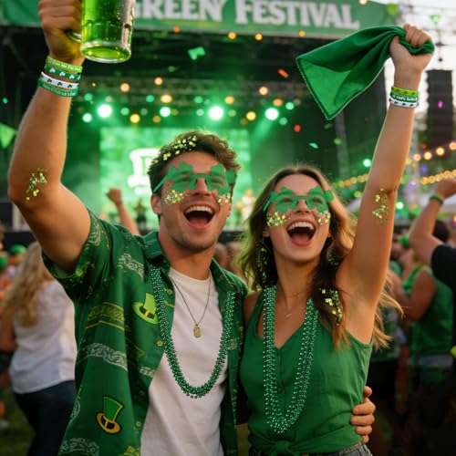 19PCS St Patricks Day Accessories Party Favor Set | Shamrock Green Face & Body Glitter Makeup, Green Glasses, Necklaces & Bracelets | Irish Throw Party Makeup Accessories & Dress-Up Costume Decor
