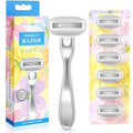 Razors for Women Include 1 Non-Slip Metal Handle and 7 Blade Refills, 5 Premium Blades Women's Razors for Shaving with 360¡Æ Lubrication Reduces Irritation, Silver