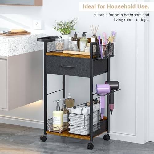 Salon Trolley Cart with Wheels, Mobile Hair Stylist Station with Metal Tool Holder & Basket, Rolling Barber Table with Fabric Drawer, Storage for Salon, Barbershop, Spa & Tattoo, Black