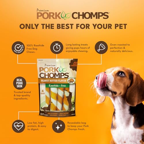 Pork Chomps Baked Pork Skin Dog Chew, 6-inch Twists, Peanut Butter Wrap, 4 Count