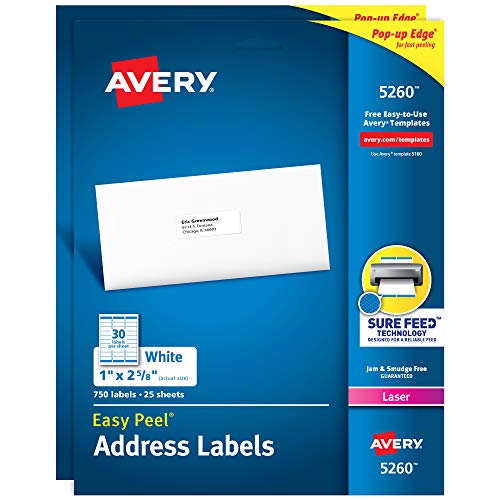 Avery Printable Address Labels with Sure Feed, 1" x 2-5/8", White, 750 per Pack, 2 Packs, 1,500 Blank Mailing Labels (5260)