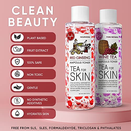 Korean Toner for Face, Wine Tea & Red Ginseng Essence Toner 2pcs Set, Hydrating Toner Korean, Alcohol Free, for Acne, Oily, Combination or Dry Skin, Low pH Balancing & Pore Minimizing Toners for Women