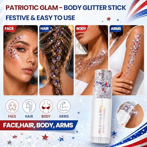 Patriotic Temporary Tattoos Set 106 Pcs with Face Glitter