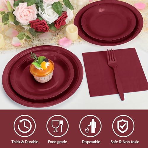 CENLBJ Burgundy Party Supplies Set for 25 Guests - Includes Disposable Plates, Cups, Napkins & Forks, 25-Count
