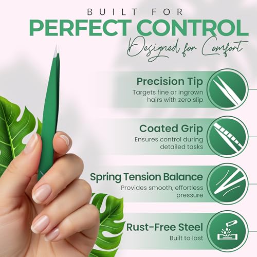 Pointer Stainless Steel Tweezers Women & Men Precision Eyebrow Tweezers for Facial Hair, Fine Tip Strong Grip Professional Tweezer for Shaping, Ingrown Hair & Splinter Removal (Matte Forest Green)