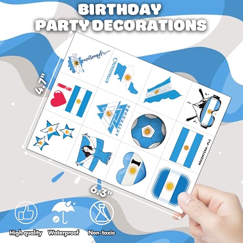 96 PCS Argentina Pre-Cut Soccer Flag Temporary Tattoos Themed Birthday Party Decorations Supplies Decor Favors Football Blue Argentinian Tattoo Stickers Gifts For Game Boys Girls Class School Prizes