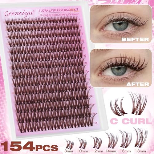 Geeneiya BROWN FLORA Lash Clusters Kit DIY Lash Extension, 8-18MM Wispy Lashes Clusters, Invisible Soft Band Eyelash Extension Kit with Waterproof Lash Bond and Seal, Lash Remover, Tweezers