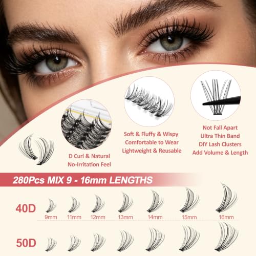 LAVONE Lash Clusters Kit 280Pcs Waterproof D Curl 9-16mm - Variation D0.07