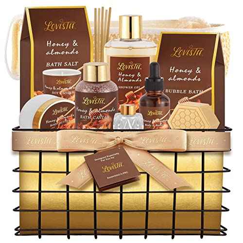 Mother's Day Spa Gift Baskets For Women, Honey Almond Body Set, Birthday Gift - Shower Gel, Bubble Bath, Body Butter, Bath Salt, Oil, Candle, Caviar, Soap, Home Diffuser, Scrubber
