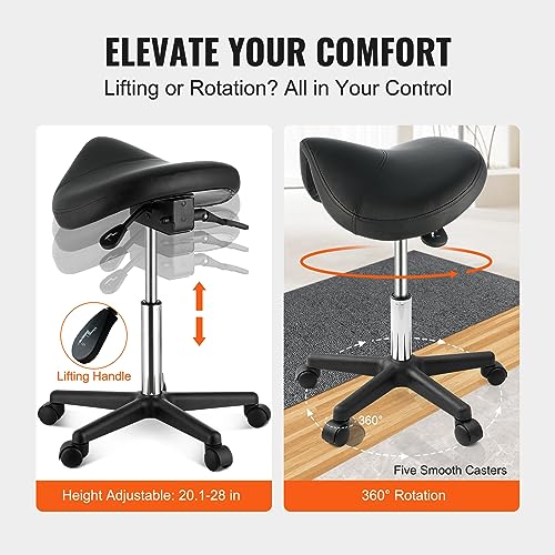VEVOR Adjustable Saddle Stool with Wheels, 400 lbs Capacity, PU Leather Salon Chair