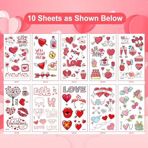 Valentine's Day Temporary Tattoos for Kids - 10 Sheets with 80 Designs