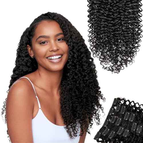 SIYUSI Kinky Curly Clip In Extensions, 3C 4A 100% Brazilian Remy Human Hair Clip Ins, Invisible & Scalp-Friendly, Natural Black Color, 3.52oz, 7Pcs (32 Inch)