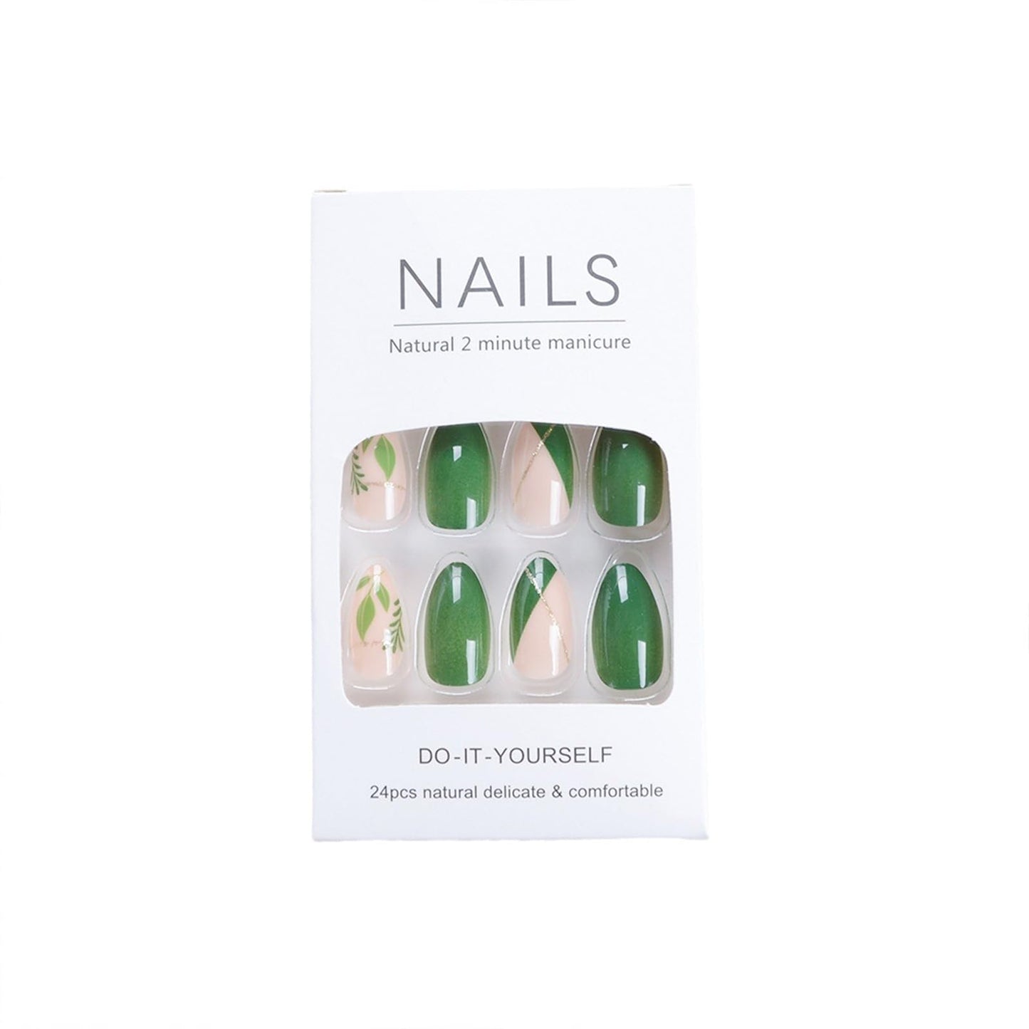 SINHOT Green Press on Nails Medium Almond Fake Nails Green Leaves Nails Glossy Glue on Nails Stiletto Acrylic Nails Gold Glitter Line Arificial Nails Stick on False Nails with Design 24 pcs