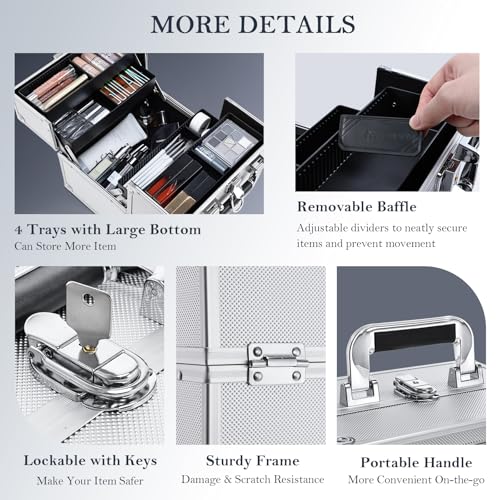 FRENESSA Portable Makeup Train Case - Lockable 4-Tray Aluminum Cosmetic Box