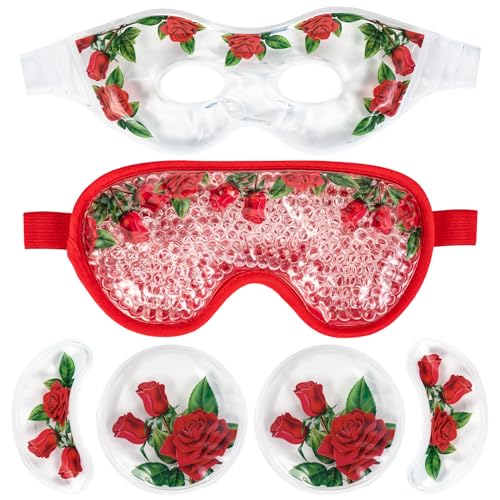 LEOSTEP 4 PCS Cooling Eye Mask Set - Ice Face Mask with Rose Essential Oil, Cold Eye Compress and Reusable Gel Pads for Eyes Puffiness, Migraine Headache, Dark Circles, Dry Eyes