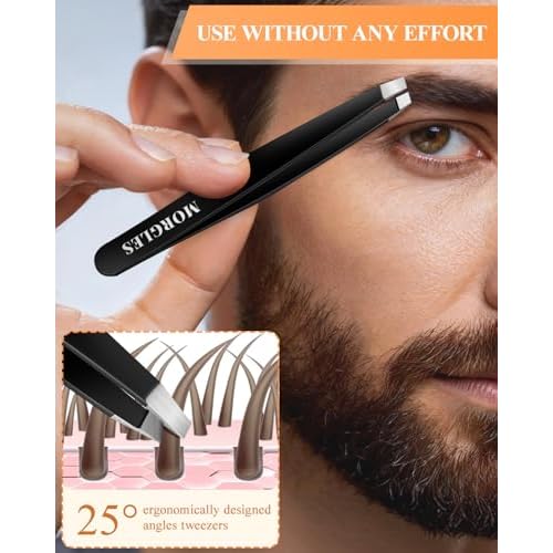 MORGLES Tweezers Set for Men, 10 in 1 Professional Eyebrow Tweezers Kit with Razor, Scissors and Blackhead Remover Tools with Travel Bag, Grooming Beauty Set (Black)
