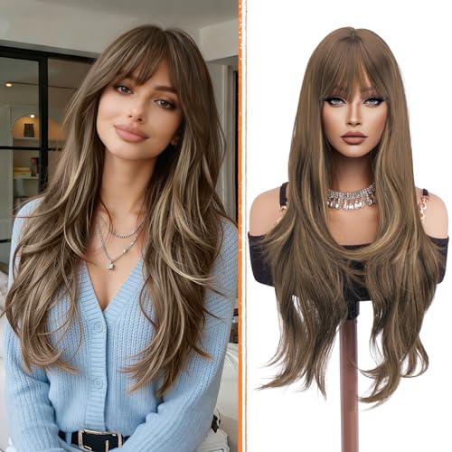Haloo 26" Blonde Brown Wavy Wig with Bangs - Heat Resistant Synthetic