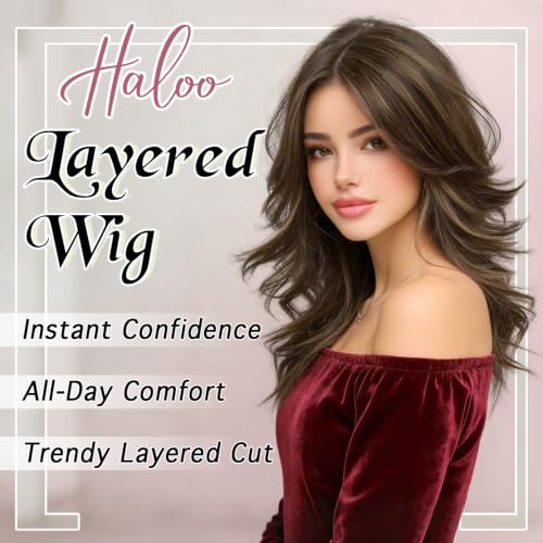 Haloo Brown Layered Wigs with Curtain Bangs & Highlights - 20 Inch Synthetic Hair for Women