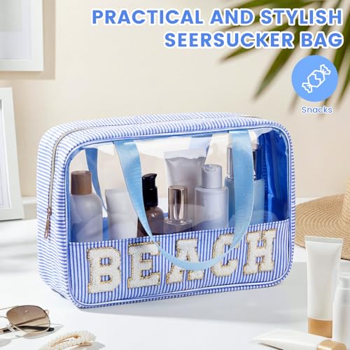 Seersucker Clear Makeup Bag with Chenille Letter Patch, 11.8x7.8 Inches