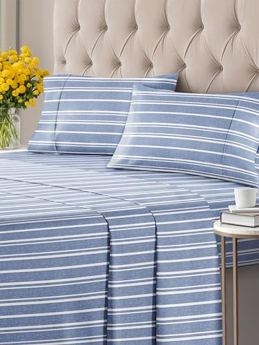 Twin 4 Piece Sheet Set - Breathable & Cooling Bed Sheets - Hotel Luxury Bed Sheets for Women, Men, Kids & Teens - Bedding w/ Deep Pockets & Easy Fit - Soft & Wrinkle Free - Twin Blue Stripes Sheets