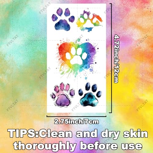Watercolor Animal Paw Print Temporary Tattoos - 10 Sheets, 50+ Designs