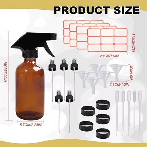 35 Pcs Glass Spray Bottles 8 oz Refillable Trigger Sprayers with Funnels for Essential Oil Cosmetic and Cleaning Solutions Containers with Labels, Droppers, and Spare Lids (Brown)