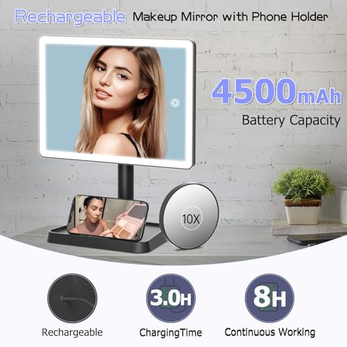 FUNTOUCH Rechargeable Lighted Makeup Mirror with Phone Holder