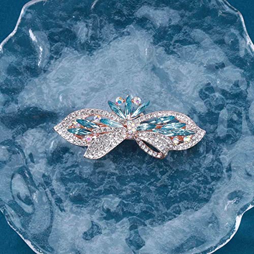 Yheakne Crystal Wedding Hair Clip Barrette Blue Rhinestone Hair Barrette Clip Bling Bridal Headpieces Decorative Head Clip Headwear Crystal Bride Hair Accessories for Women and Girls Gifts for Bridesmaid (Blue)