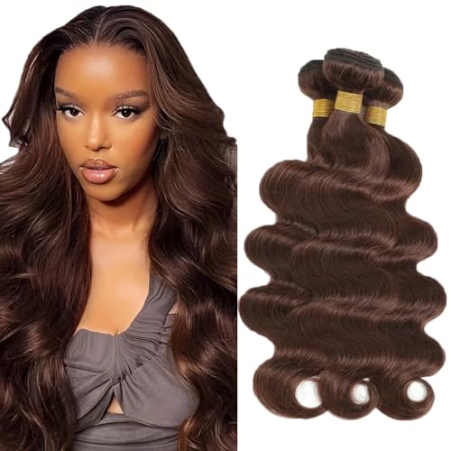 AuokMar 28 Inch Brown Body Wave Human Hair Extensions - 3 Bundles, 150g