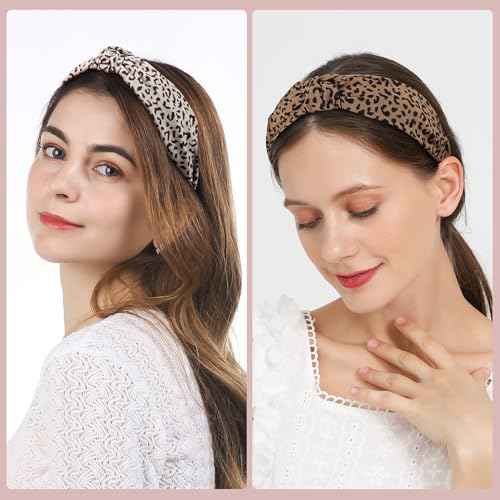 Funtopia Headbands for Women, 9pcs Fashion Knotted Headband Leopard Print Knot Hairband, Cute Wide Headbands for Women Girls Hair Accessories Set(Brown Black White)