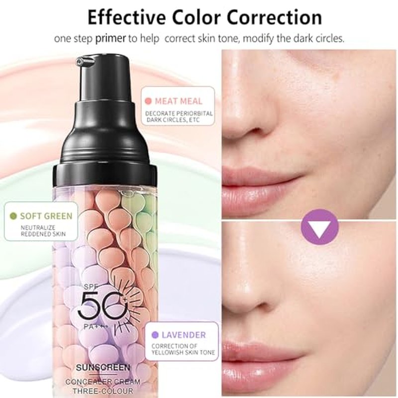 Firstfly Color Correcting Makeup Primer with SPF 50, Sunscreen 3 In 1 Moisturizer Isolation Cream, One Step Skin Tone Corrector for Dark Circles & Fine Lines, Makeup Brush Include