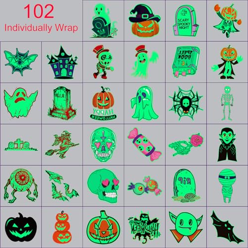 SUNAI Halloween Party Favors Supplies - 102 Style PreCut Halloween Temporary Tattoos - Tattoo Stickers Glow in the Dark For Birthday Decorations, Gifts, Rewards, Goodie Bag Fillers