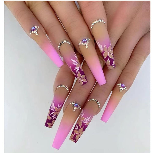 DOUBNINE Press on Nails Super Long Square Pink Flower Rhinestone Gradient French Tip Ballerina Acrylic Full Cover False Nails with Jelly Double Sided Adhesive for Women